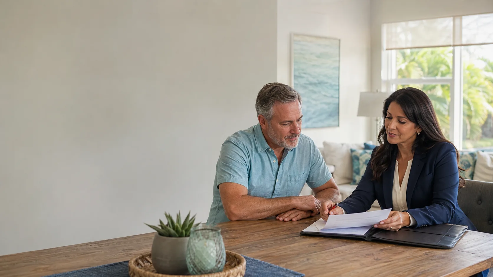 Mobile notary reviewing documents with a client in a bright Southwest Florida home