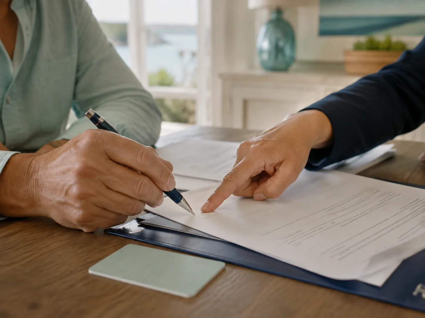 A mobile notary points to a signature line while a client prepares to sign